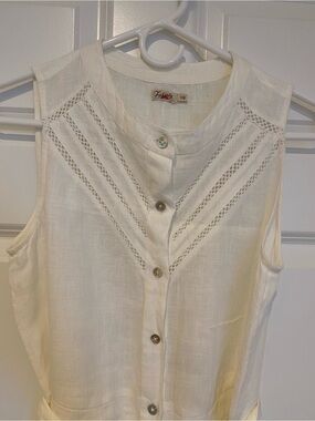 Faherty Cream Sleeveless Button-Down Linen Dress with Eyelet Trim